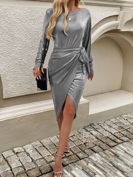 Metallic Boat Neck Long Sleeve Dress