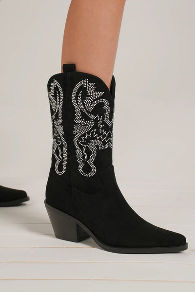 Black Rhinestone Studded Pointy Toe Boots