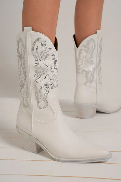 White Rhinestone Pointy Toe Boots