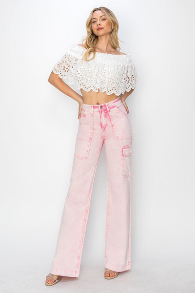RISEN High Rise Cargo Pocket Jeans in Acid Pink