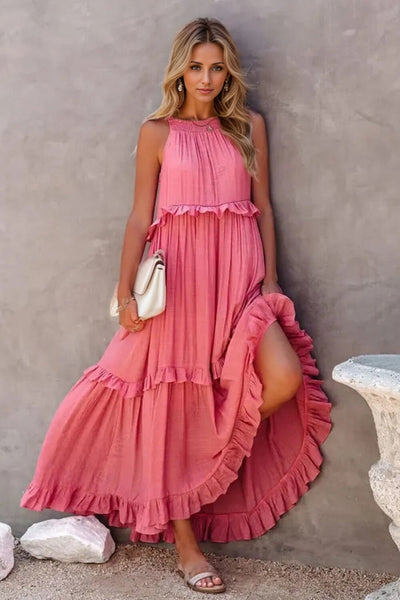 Ruffled Sleeveless Tiered Maxi Dress with Pockets