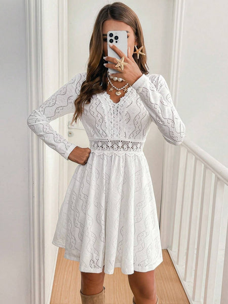 White Lace Long Sleeve Mini Dress