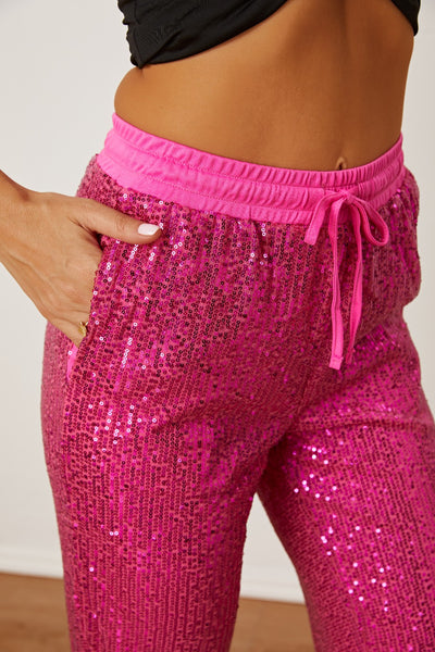 Hot Pink Sequin Drawstring Jogger Pants