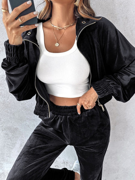 Zip Up Velour Cropped Top and Joggers Set