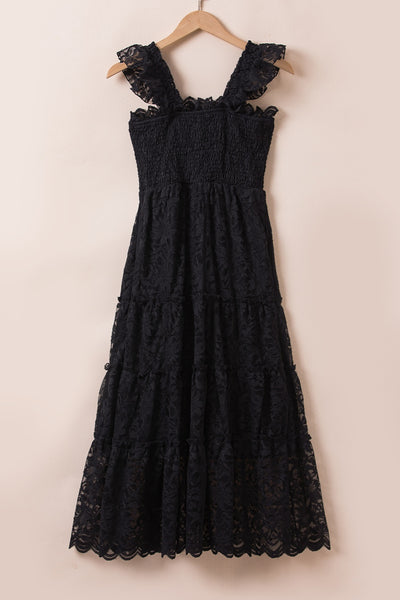 Black Lace Ruffled Midi Dress