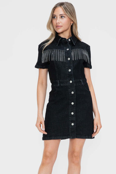 Fringed Short Sleeve Black Denim Dress