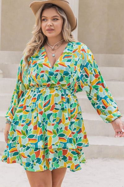 Green Floral Surplice Long Sleeve Mini Dress+