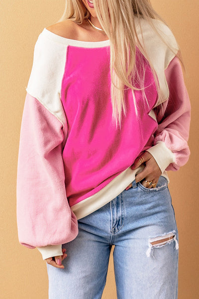 Pink Color Block Dropped Shoulder Sweatshirt