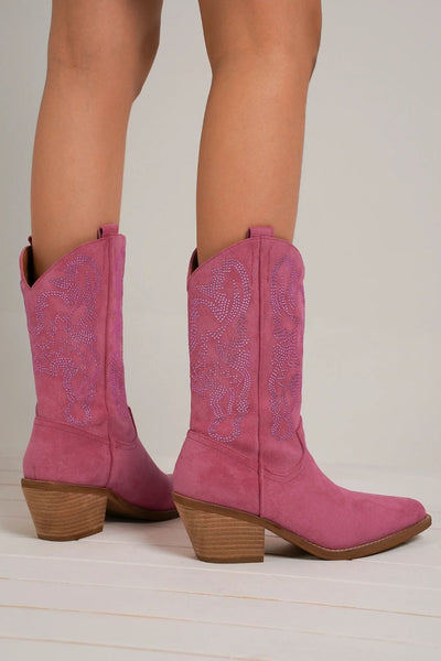 Pink Rhinestone Studded Pointy Toe Boots
