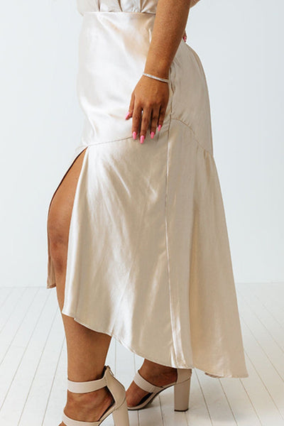 White Satin Ruffled Slit Skirt+
