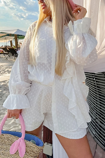 White Ruffled Dot Top and Shorts Set