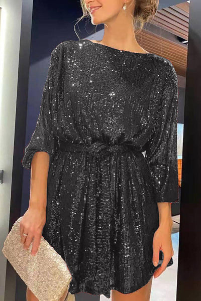 Sequin Tie Waist Long Sleeve Mini Dress