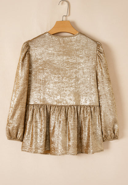Gold Peplum Three-Quarter Sleeve Blouse
