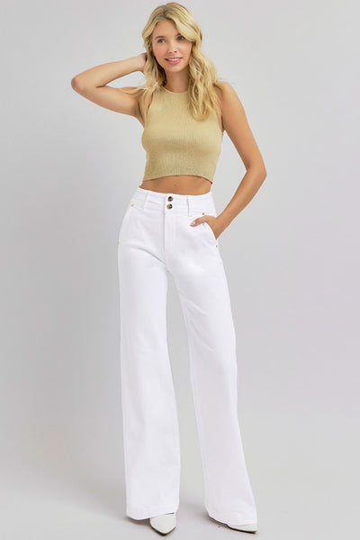 White Tummy Control Double Button Wide Leg Jeans