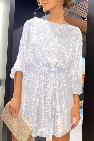 Sequin Tie Waist Long Sleeve Mini Dress