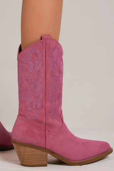Pink Rhinestone Studded Pointy Toe Boots