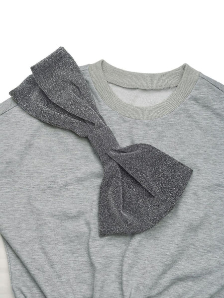 Gray Bow Shoulder Long Sleeve Mini Dress