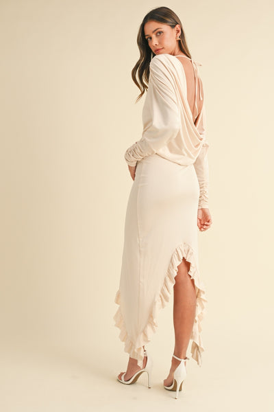 Cream Backless Asymmetric Ruffle Hem Dress