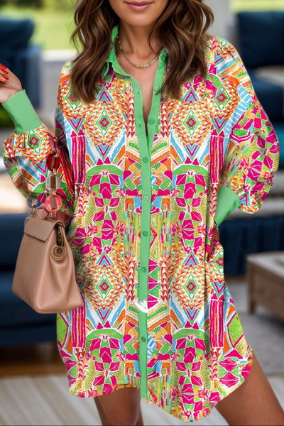 Bright Neon Button Up Long Sleeve Shirt Dress