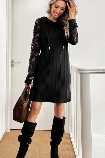 Black Lace Sleeve Hoody Dress