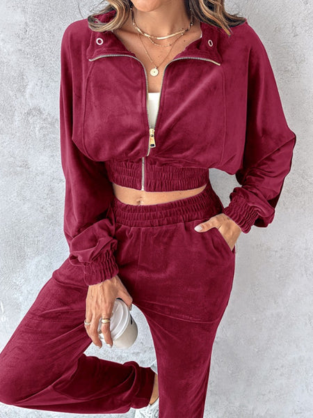 Zip Up Velour Cropped Top and Joggers Set