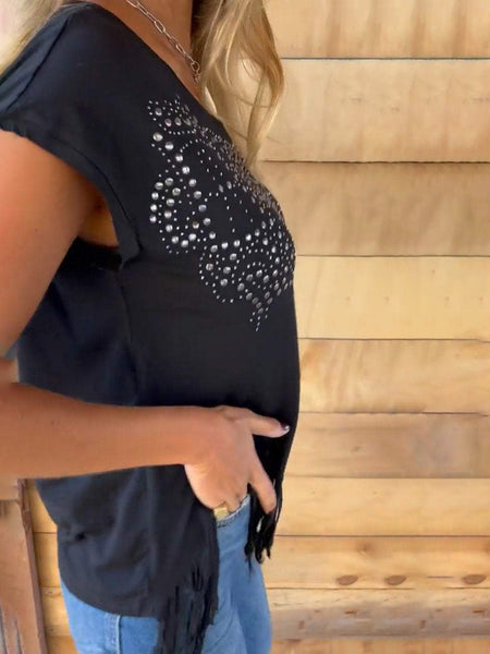 Studded Fringe Cap Sleeve T-Shirt+