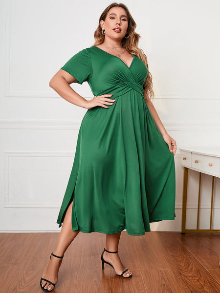 Green Surplice Neck Midi Dress+