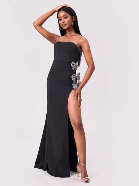 Black Strapless Bow Slit Long Dress