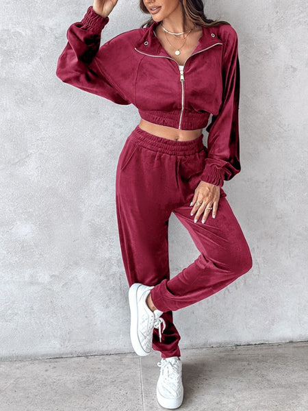 Zip Up Velour Cropped Top and Joggers Set