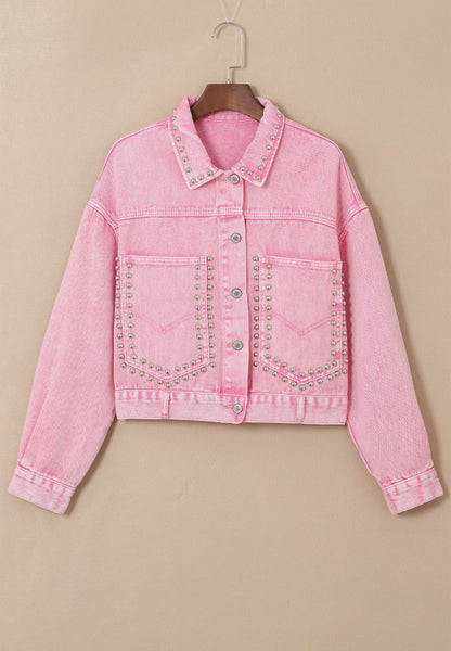 Pink Studded Button Up Denim Jacket
