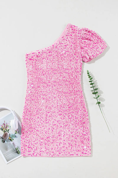 Pink Sequins Single Shoulder Mini Dress