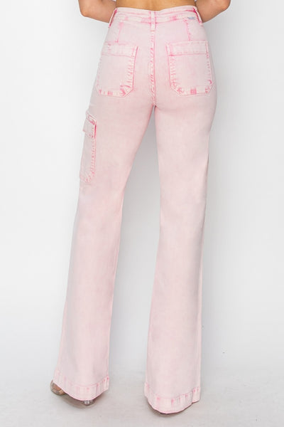 RISEN High Rise Cargo Pocket Jeans in Acid Pink