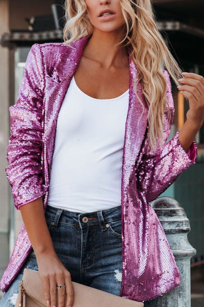 Sequin Lapel Collar Long Sleeve Blazer