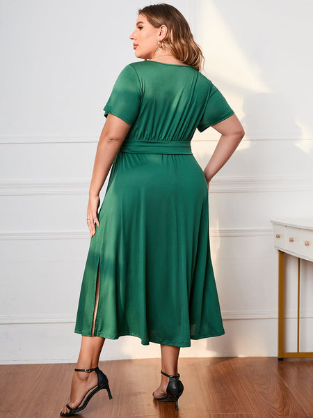 Green Surplice Neck Midi Dress+