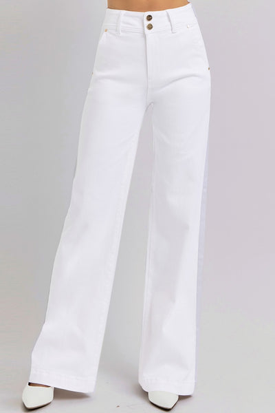 White Tummy Control Double Button Wide Leg Jeans