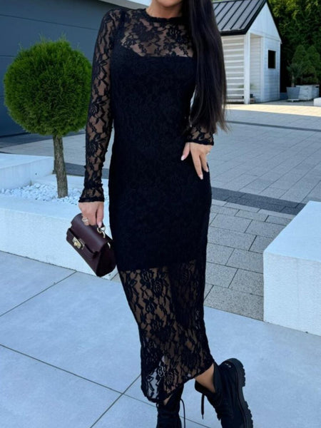 Black Lace Long Sleeve Midi Dress