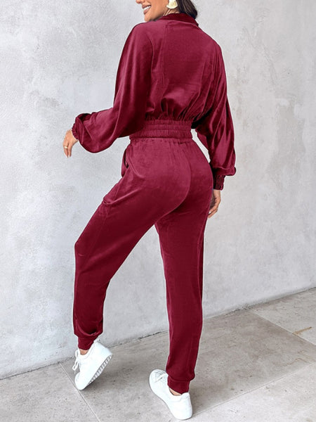 Zip Up Velour Cropped Top and Joggers Set