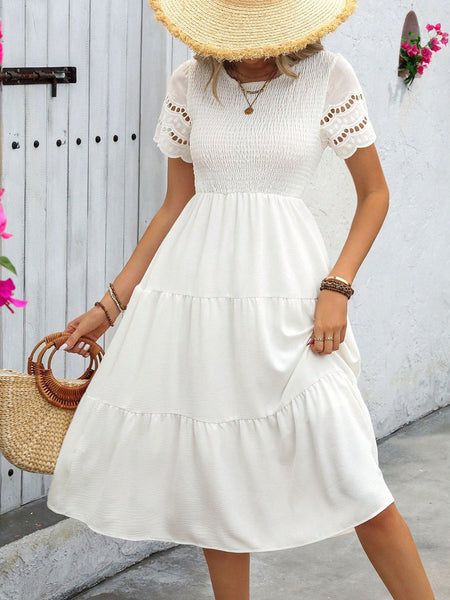 White Smocked Short Sleeve Dress