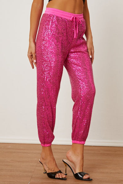 Hot Pink Sequin Drawstring Jogger Pants