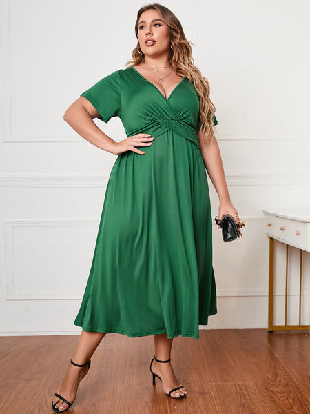 Green Surplice Neck Midi Dress+