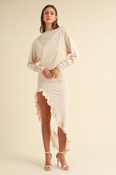 Cream Backless Asymmetric Ruffle Hem Dress