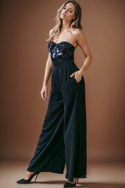 Black Sequins Tube Top Wide Leg Jumpsuit