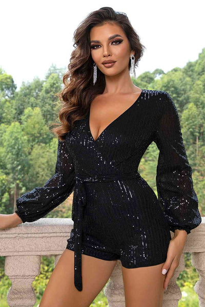 Black Sequins Long Sleeve Romper