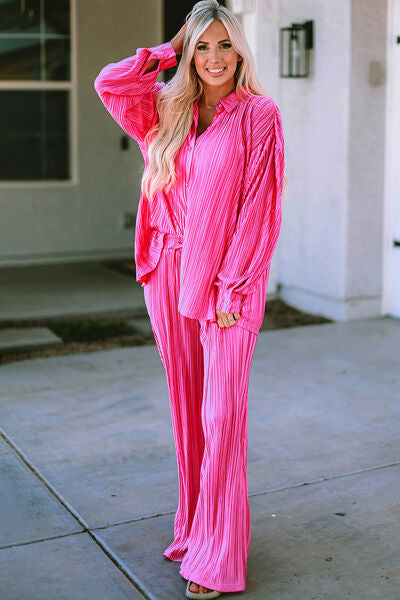Hot Pink Pleated Button-Up Shirt and Wide-Leg Pants Set