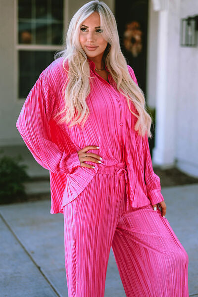 Hot Pink Pleated Button-Up Shirt and Wide-Leg Pants Set