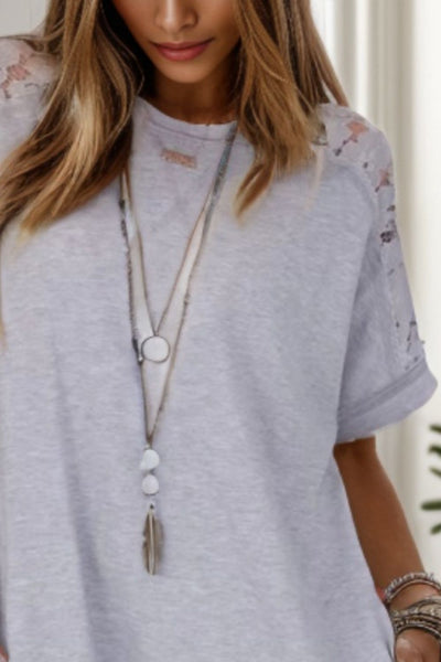 Gray Round Neck Short Sleeve Ruffle Dress