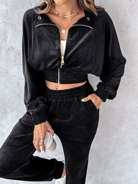 Zip Up Velour Cropped Top and Joggers Set