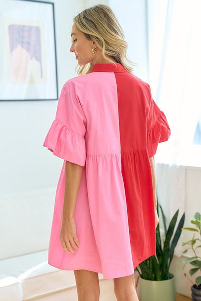 Color Blocked Button Down Babydoll Dress+