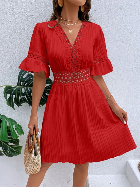 V-Neck Flounce Sleeve Dress