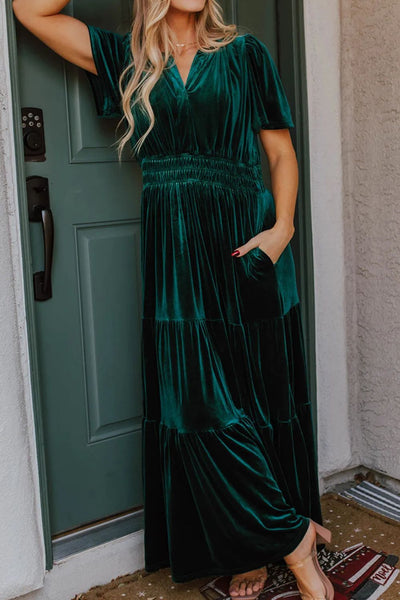 Velvet Short Sleeve Dress with Pockets